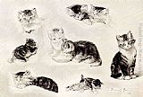 Famous Playing Paintings - A Study Of Cats Drinking, Sleeping And Playing